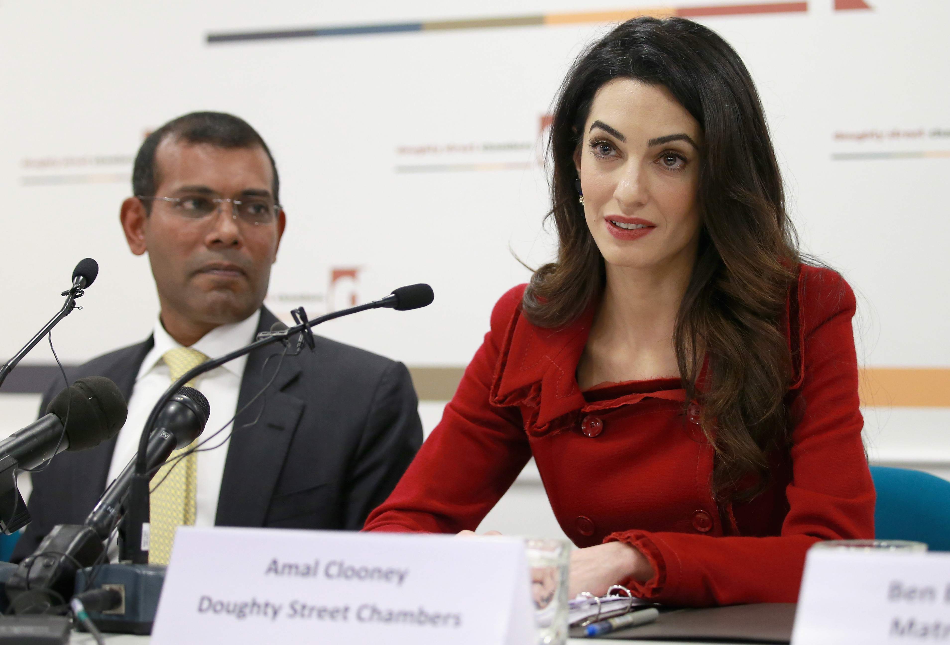 LONDON, ENGLAND - JANUARY 25: Amal Clooney of Doughty Street Chambers and President Nasheed of the Maldives attend a press conference at Doughty Street Chambers on January 25, 2016 in London, England. In the first public comments since leaving jail in the Maldives, former President Mohamed Nasheed briefed journalists and the press accompanied by his International Legal Consel Jared Genser of Freedom Now, Amal Clooney of Doughty Street Chambers and Ben Emmerson QC of Matrix Chambers. (Photo by Chris Jackson/Getty Images)
