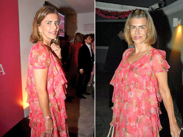 Maitê Proença em dois eventos com o mesmo vestido e cabelo diferente