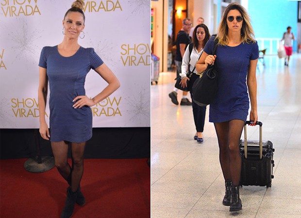 Fernanda Lima com o mesmo vestido no tapete vermelho e no aeroporto