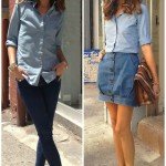 Olivia Palermo e a camisa jeans com saia e calça