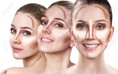 Collage of young woman's faces with contouring makeup. Over white background.