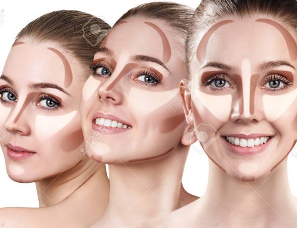 Collage of young woman's faces with contouring makeup. Over white background.
